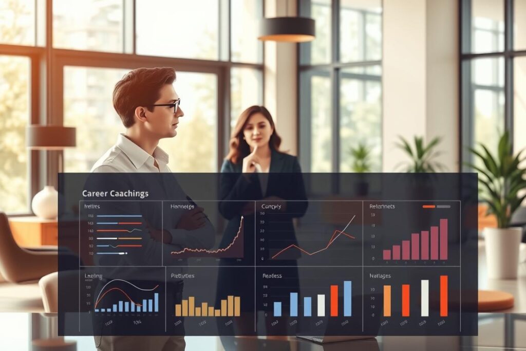 An elegant and sophisticated illustration of "career coaching success metrics" against a backdrop of a warm, professional office setting. In the foreground, a carefully curated dashboard displays a series of key performance indicators, represented through intuitive data visualizations - charts, graphs, and progress bars. The middle ground features a thoughtful coach, pen in hand, reviewing the metrics with an engaged client. The background showcases a tastefully furnished office, complete with floor-to-ceiling windows, allowing natural light to pour in and create a calming, productive atmosphere. The overall scene conveys a sense of progress, achievement, and the collaborative nature of successful career coaching.