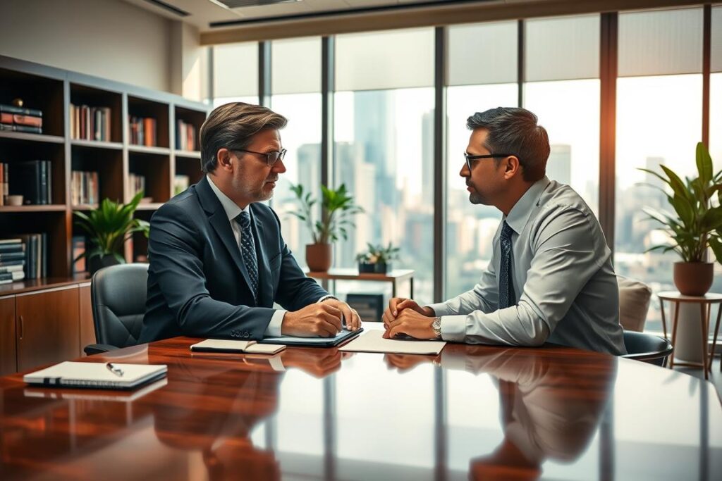 An elegant office interior bathed in warm, natural lighting. In the foreground, a polished wooden desk where a businessman and a financial advisor engaged in a thoughtful discussion, their expressions conveying the gravity of the consultation. Bookshelves and potted plants lend an air of professionalism and expertise to the middle ground, while the background features large windows overlooking a bustling cityscape, suggesting the broad scope of the advisor's knowledge and experience. The scene evokes a sense of trust, wisdom, and the tailored guidance essential for navigating complex business challenges.