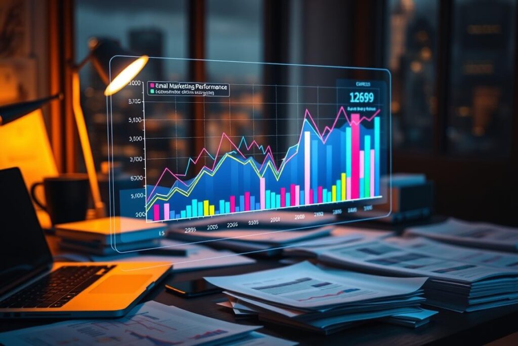 An office desk cluttered with a laptop, smartphone, and spreadsheets, illuminated by warm, directional lighting. In the center, a holographic graph displays email marketing performance data, with colorful lines and bars charting open rates, click-throughs, and conversion metrics. The background features a blurred cityscape, hinting at the broader digital landscape. The overall atmosphere conveys a sense of data-driven optimization and the strategic importance of effective email marketing.