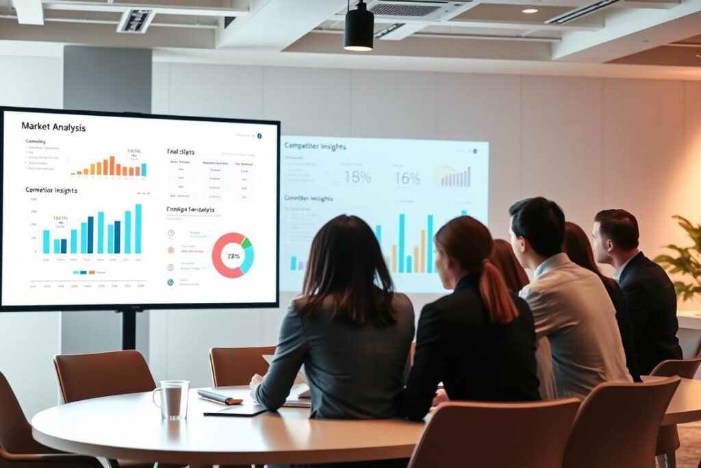 An office space with a large presentation screen displaying a detailed market analysis. In the foreground, a team of business professionals gathered around a conference table, intently studying the data and charts. Soft, warm lighting illuminates the scene, creating a focused and collaborative atmosphere. The background features abstract visualizations of market trends, competitor insights, and growth opportunities. A clean, modern aesthetic with a subtle touch of sophistication, conveying the significance of strategic market analysis for business expansion.