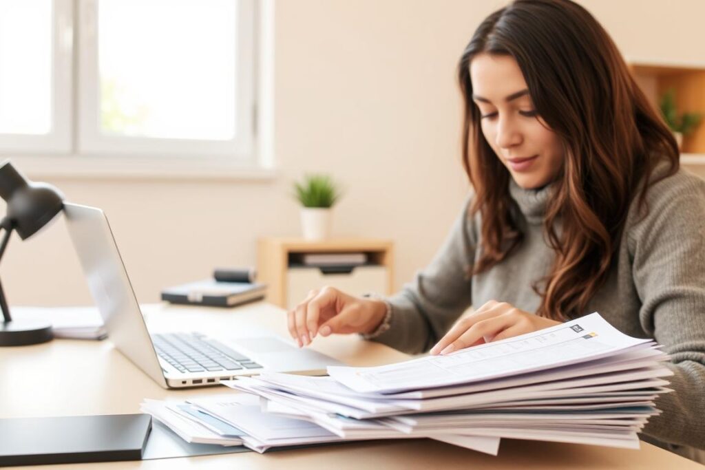 An organized home office with a minimalist desk, a laptop, and a stack of financial documents. The background features a clean, pastel-colored wall, with a window letting in soft, natural lighting. In the foreground, a person's hands are meticulously sorting through bills and papers, their expression focused and determined. The overall atmosphere conveys a sense of calm and control, reflecting the strategies for successful debt management.