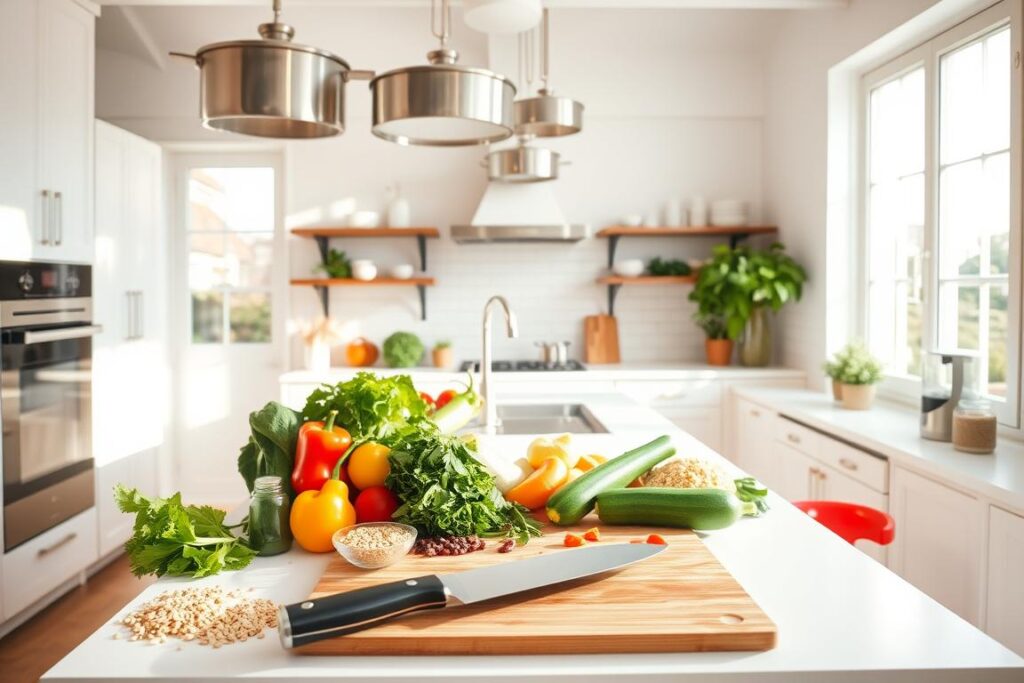 Bright, airy kitchen interior with a central island counter. On the counter, an assortment of fresh, colorful vegetables, herbs, and whole grains. Stainless steel pots and pans hang above, casting a warm glow. A cutting board showcases a knife slicing through crisp zucchini. Sunlight streams in through large windows, illuminating the scene. Appliances like an oven and blender suggest healthy meal preparation. The overall atmosphere radiates warmth, wellness, and an emphasis on natural, wholesome ingredients.