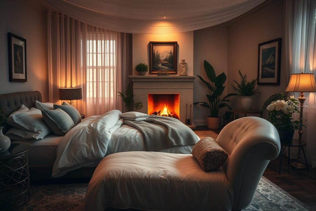 Cozy bedroom with plush bedding, dimmed lighting, and a warm fireplace in the background. Soft light filtering through sheer curtains, creating a calming ambiance. A luxurious chaise lounge in the foreground, inviting you to sink in and relax. Tasteful artwork and plants scattered throughout, evoking a sense of tranquility. The overall scene exudes an intimate, romantic atmosphere, perfect for quality time with a partner.