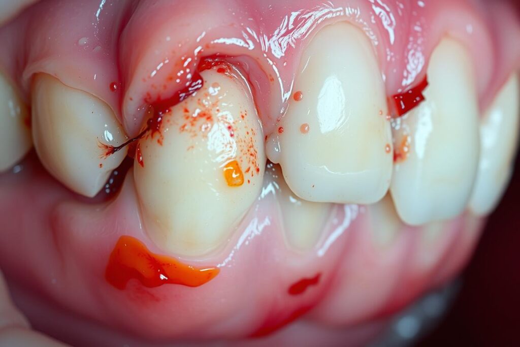 Detailed close-up of inflamed, swollen gums with visible plaque buildup, discoloration, and bleeding. Soft focus on the gum tissue, highlighting the textural irregularities and reddish hues indicative of gum disease. Balanced lighting from the side casts subtle shadows, emphasizing the three-dimensional nature of the gum structure. Shallow depth of field keeps the background slightly blurred, directing the viewer's attention to the problematic dental area. Cool, clinical atmosphere conveying the medical nature of the subject matter.