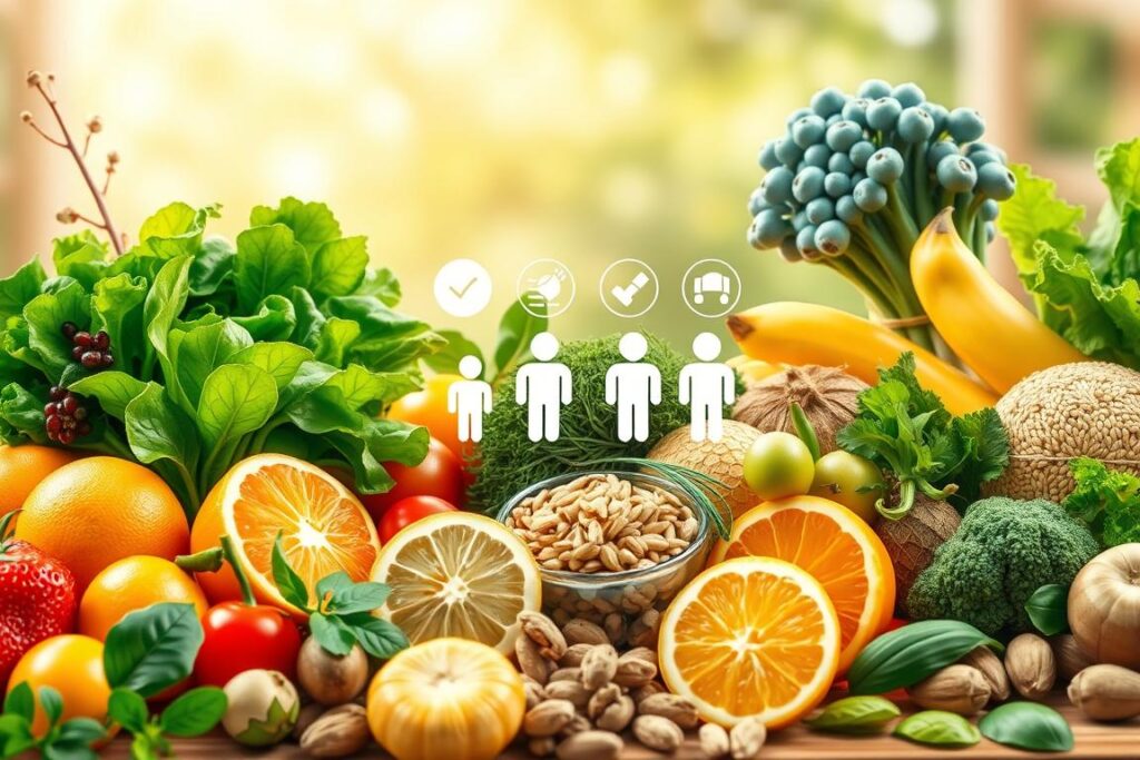 Detailed illustration of essential vitamins and minerals for different life stages. Foreground shows a vibrant array of nutrient-rich foods like leafy greens, citrus fruits, whole grains, and nuts. Middle ground features age-appropriate icons symbolizing infancy, childhood, adulthood, and elderly. Background depicts a warm, natural setting with soft lighting, hinting at the holistic wellness benefits of balanced nutrition across one's lifespan. Rendered in a crisp, realistic style that emphasizes the nutritional value and visual appeal of the scene.