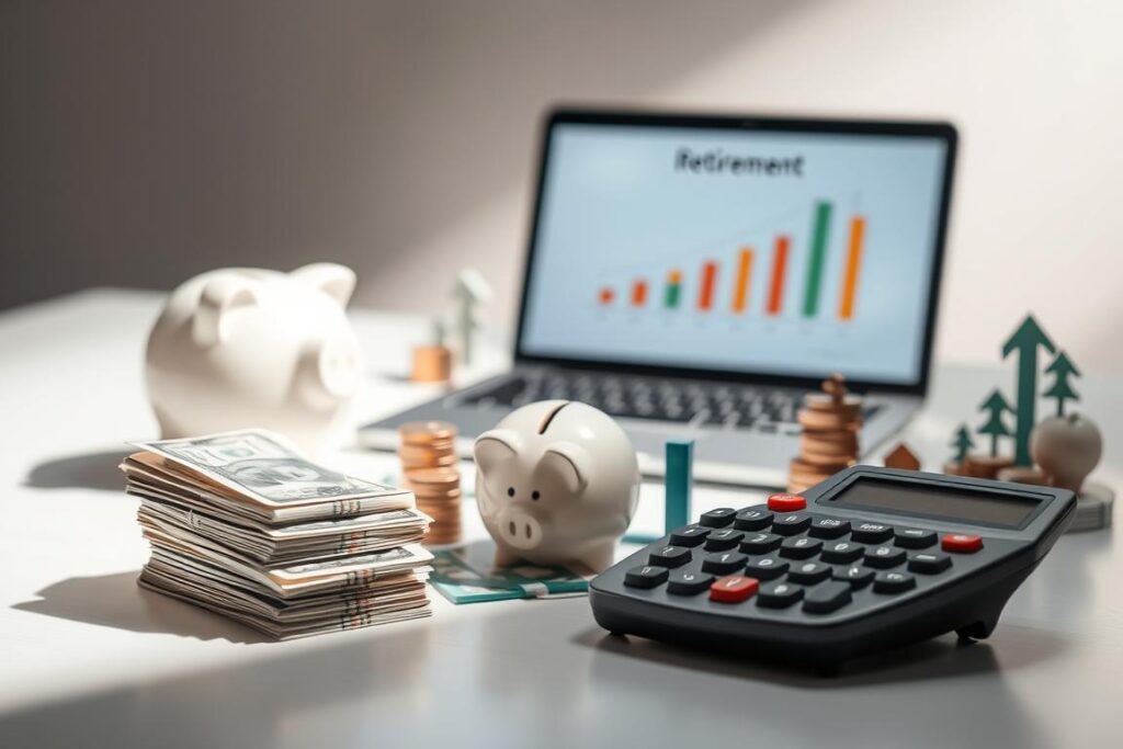 Detailed retirement savings plan composed of stacked currency notes, piggy bank, calculator, and retirement-themed icons. Soft lighting illuminates the scene, creating a peaceful, contemplative atmosphere. The foreground features carefully arranged financial instruments, conveying the importance of diligent planning. The middle ground showcases a sleek, minimalist desk with a laptop displaying retirement growth projections. The background gently fades into a blurred, neutral tone, allowing the core elements to stand out. The overall composition suggests a well-organized, thoughtful approach to securing one's financial future.