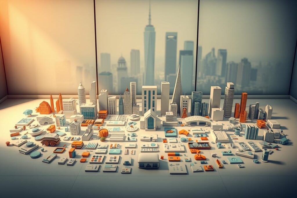 Diversified investment portfolio: a sprawling arrangement of financial instruments laid out in a sleek, modern setting. Centered are various graphical icons representing stocks, bonds, real estate, and alternative assets, arranged with precision and balance. The background features a minimalist cityscape, hinting at the broader economic landscape. Warm, directional lighting casts a sense of stability and confidence, while a subtle depth of field draws the viewer's eye to the core investment components. An overall atmosphere of thoughtful planning, measured risk, and long-term growth permeates the scene.