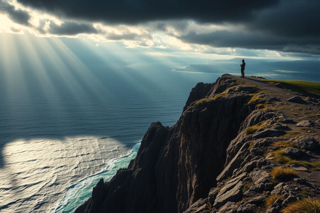 Dramatic landscape depicting the risks and rewards of long-term investing. In the foreground, a jagged, rocky cliff edge overlooking a vast, turbulent ocean below. Rays of sunlight pierce through ominous storm clouds, casting a mix of light and shadow across the scene. On the cliff, a lone figure stands, gazing out contemplatively, representing the investor navigating the challenges and opportunities of long-term wealth building. The middle ground features a winding path leading up to the cliff, symbolizing the journey of investing. The background showcases a distant, lush, verdant landscape, hinting at the potential for growth and prosperity that long-term investing can provide. Cinematic lighting, dramatic angles, and a sense of grandeur and scale convey the high stakes and significant outcomes of long-term financial decisions.
