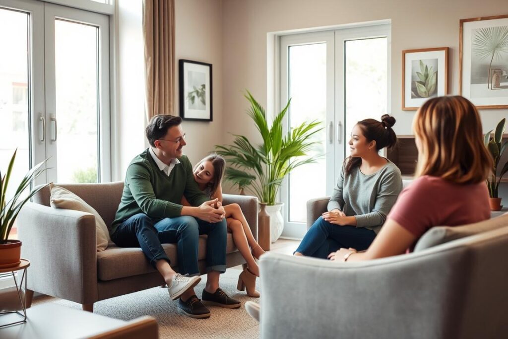 Family sitting together in a warm, inviting counseling office. A middle-aged couple and their teenage child are engaged in a thoughtful discussion, guided by a compassionate counselor seated across from them. Soft, natural lighting filters through large windows, creating a calming atmosphere. The furniture is contemporary yet comfortable, with muted earth tones. Potted plants and framed artwork add a sense of homeliness. The counselor maintains an empathetic, attentive posture, encouraging open and honest dialogue. The family members' body language conveys a mixture of tension and hope, as they work to address their challenges together.