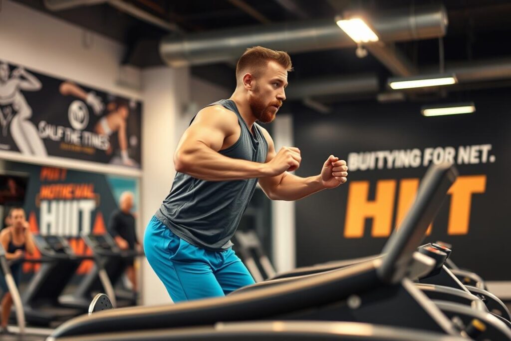 Generate an image of a person engaging in a cardio HIIT workout on a treadmill.