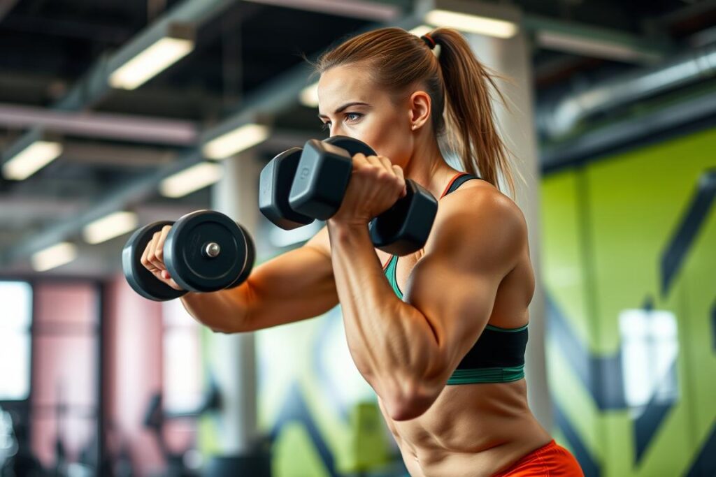 Generate an image of a person performing a dumbbell HIIT workout