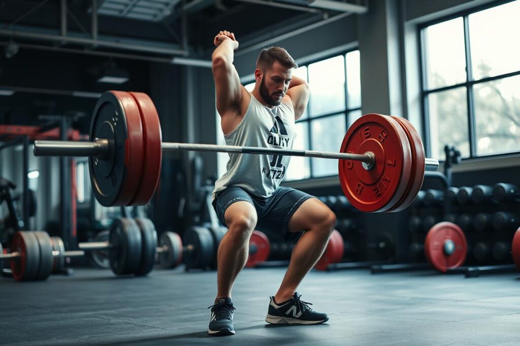 Generate an image of a weightlifter in action, focusing on proper technique.