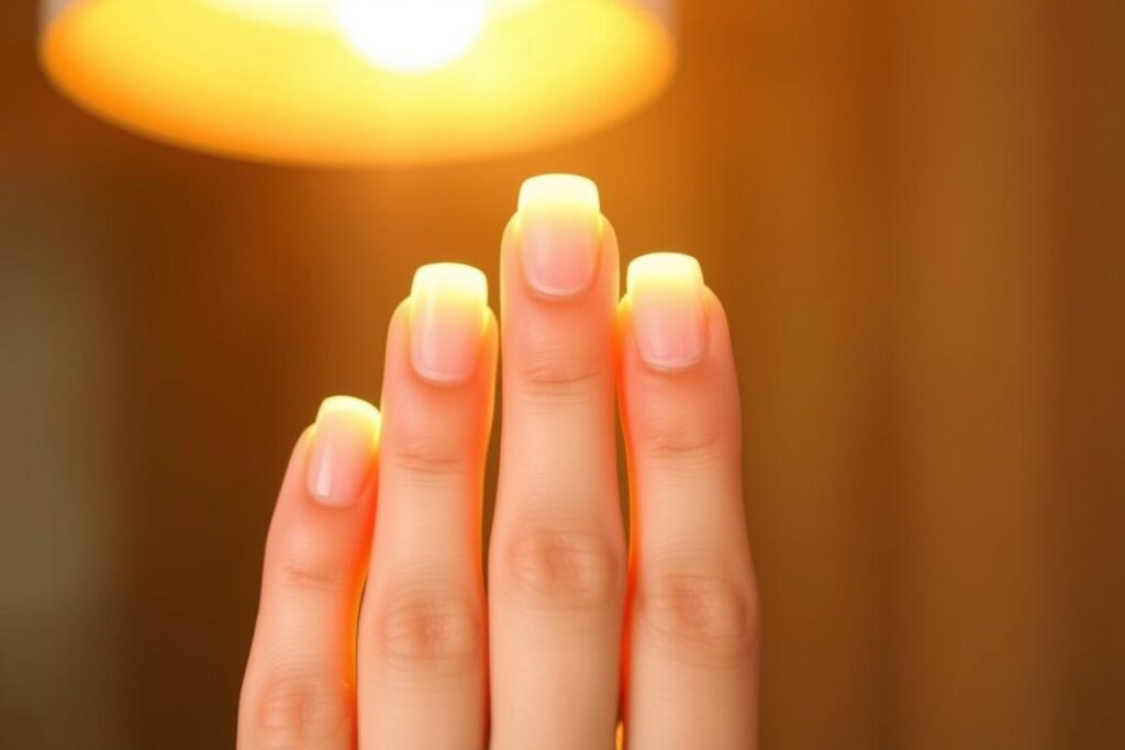 Glowing skin tips, a soft glow emanating from the fingertips, illuminating the skin with a radiant, healthy luminance. Smooth, hydrated texture, plump and dewy, reflecting the light with a subtle shimmer. Delicate fingers against a blurred, out-of-focus background, drawing the eye to the center of attention. Warm, natural lighting from an overhead source, casting gentle shadows and highlights to accentuate the contours. A serene, calming atmosphere, conveying a sense of inner glow and vibrant wellbeing.