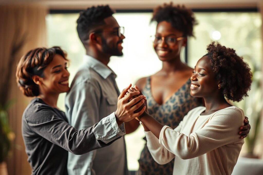 Harmonious interplay of figures, each radiating an aura of contentment and inner strength. Subjects positioned in a warm, softly lit environment, capturing the essence of healthy, supportive bonds. Midground features intertwined hands, symbolic of the trust and understanding that fosters personal growth. Background evokes a serene, nature-inspired setting, conveying a sense of balance and tranquility. Soft, muted tones and a shallow depth of field create an intimate, introspective atmosphere, inviting the viewer to connect with the depth of the relationships depicted.