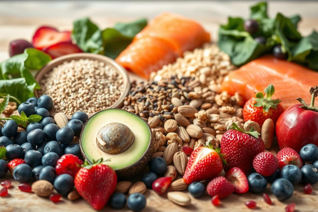 High-resolution image of an assortment of heart-healthy superfoods arranged in a visually appealing still life composition. In the foreground, place vibrant, fresh produce such as blueberries, strawberries, kiwi, avocado, and pomegranate seeds. In the middle ground, include nuts and seeds like walnuts, almonds, chia, and flaxseeds. In the background, display superfoods like quinoa, salmon fillets, and leafy greens such as spinach and kale. Lighting should be natural and soft, with a warm, inviting tone. Use a shallow depth of field to focus attention on the central arrangement. Capture the image from a slightly elevated angle to create a sense of depth and texture. The overall mood should be one of health, vitality, and nourishment.