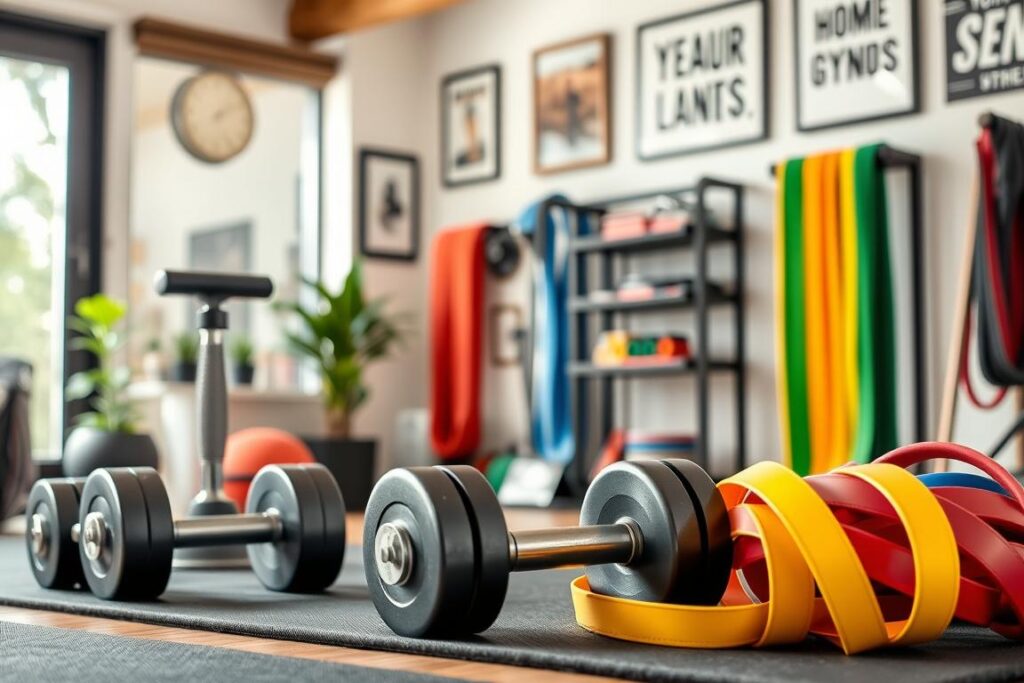 Image of a beginner's home gym with adjustable dumbbells and resistance bands