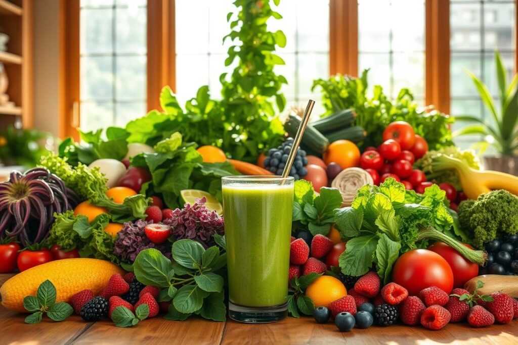 Lush, vibrant produce overflows a bountiful wooden table, illuminated by natural sunlight streaming through large windows. Crisp leafy greens, juicy berries, and colorful vegetables radiate health and vitality. In the foreground, a smoothie glass sparkles, its contents a rainbow of nourishing ingredients. Towering behind, a verdant, thriving plant climbs towards the light, symbolizing the growth and rejuvenation that healthy eating provides. The scene exudes a sense of abundance, balance, and tranquility, capturing the holistic benefits of a nutritious, well-rounded diet.