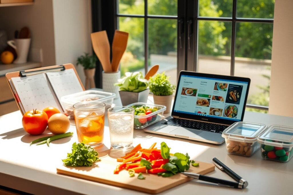 Meal planning for a busy summer day: A bright, well-organized kitchen countertop with fresh summer produce, meal prep containers, and a calendar planner open. Warm, natural lighting illuminates the scene, casting soft shadows. In the foreground, a cutting board with chopped vegetables, a glass of iced tea, and a pen for note-taking. In the middle ground, a laptop displaying a meal planning app, surrounded by a variety of recipes and healthy meal ideas. In the background, a large window overlooking a lush, green outdoor space, hinting at the vibrant summer atmosphere. The overall mood is one of efficiency, mindfulness, and a commitment to nourishing, seasonal eating during the busy summer months.