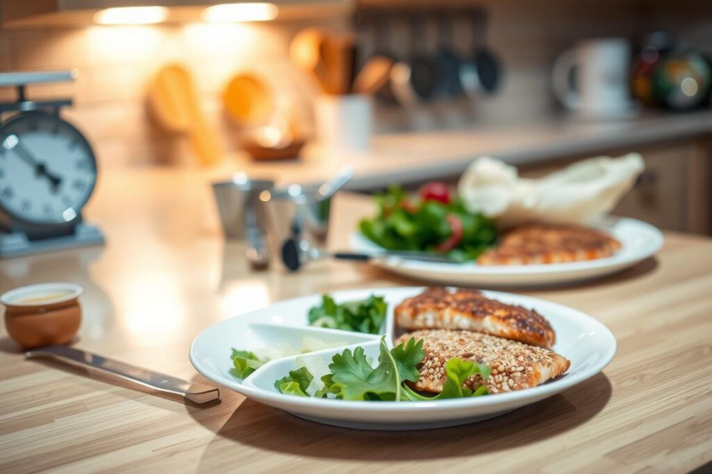 Portion control techniques: A well-lit kitchen counter showcases various measurement tools, including a food scale, measuring cups, and spoons. In the foreground, a plate with visually divided sections highlights appropriate serving sizes for different food groups. The middle ground features a leafy salad, a lean protein, and a whole grain, demonstrating balanced meal proportions. The background blurs into a warm, cozy atmosphere, emphasizing the importance of mindful eating for a healthy lifestyle.