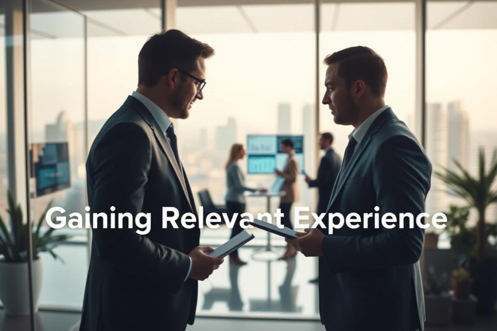 Prompt A modern corporate office, with a large window overlooking a cityscape. In the foreground, an employee in a suit shadowing a senior colleague, observing their workflow and taking notes. The middle ground features a team of professionals collaborating on a project, digital screens displaying data and charts. The background is softly lit, with a clean, minimalist aesthetic, conveying a sense of professionalism and growth. Cinematic lighting accentuates the focus on the job shadowing experience, the scene capturing the essence of "Gaining Relevant Experience" through hands-on learning.