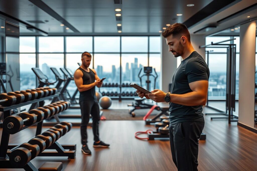 Prompt A sleek, modern fitness studio with state-of-the-art equipment. In the foreground, a personal trainer stands with a tablet, designing a customized workout plan for a client. Soft, warm lighting illuminates the scene, creating a welcoming atmosphere. The middle ground features an array of free weights, resistance bands, and other fitness tools, neatly arranged. In the background, floor-to-ceiling windows offer a scenic view of a vibrant city skyline. The overall composition conveys a sense of personalized, high-quality fitness services tailored to the individual's needs. Prompt A sleek, modern fitness studio with state-of-the-art equipment. In the foreground, a personal trainer stands with a tablet, designing a customized workout plan for a client. Soft, warm lighting illuminates the scene, creating a welcoming atmosphere. The middle ground features an array of free weights, resistance bands, and other fitness tools, neatly arranged. In the background, floor-to-ceiling windows offer a scenic view of a vibrant city skyline. The overall composition conveys a sense of personalized, high-quality fitness services tailored to the individual's needs.