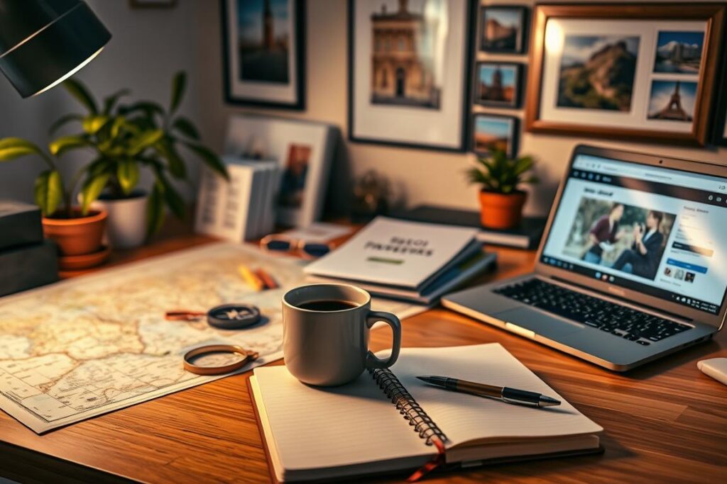 Prompt A well-lit office desk with a traveler's map, compass, travel guides, and a laptop displaying a travel planning website. In the foreground, a journal and pen rest next to a mug of steaming coffee. A potted plant and framed travel photos decorate the background, conveying a sense of adventure and wanderlust. The lighting is warm and inviting, creating a cozy atmosphere for solo travel planning. The overall scene reflects the thoughtful and organized process of crafting an itinerary for a solo journey.
