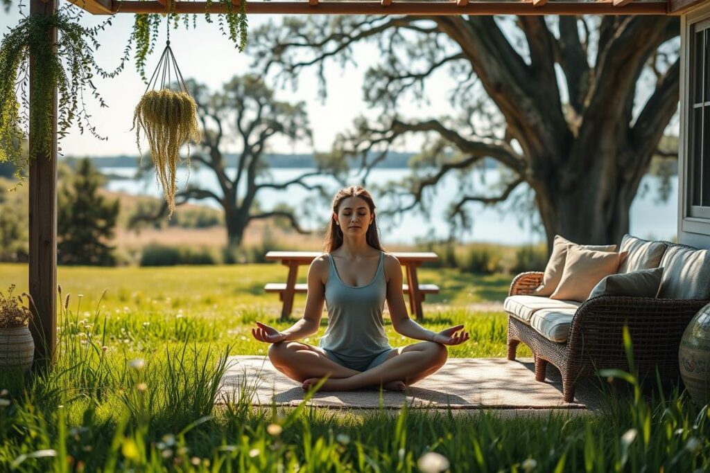 Serene summer day, sun-dappled meadow, lush green grass and wildflowers. In the foreground, a cozy patio with rattan furniture, plush pillows, and a woven rug. A young woman sits cross-legged, eyes closed, meditating peacefully, an aura of calm surrounding her. Hanging plants sway gently in the breeze, casting soft shadows. In the middle ground, a wooden bench nestled between towering oak trees, inviting contemplation. The background features a calming lake, its surface reflecting the clear blue sky. The overall atmosphere is one of tranquility, self-care, and mental rejuvenation.