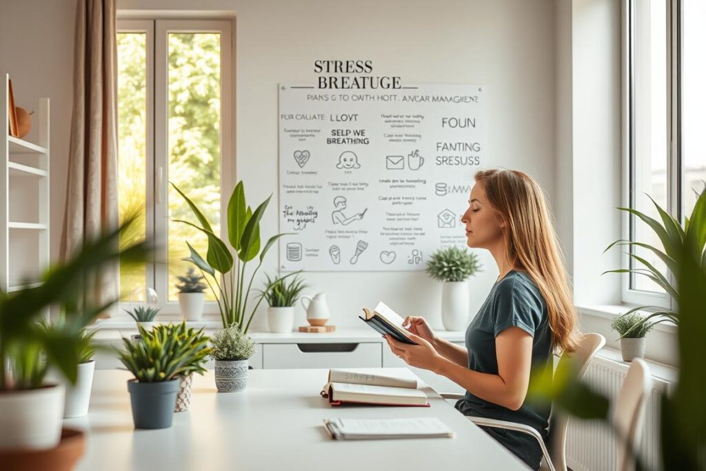 Serene workspace with natural light, potted plants, and calming decor. A woman sitting at a desk, reading a book, practicing mindful breathing. In the background, a wall display with inspirational stress management tips, icons, and illustrations. Soft, muted color palette, high-key lighting, shallow depth of field. Convey a sense of tranquility, focus, and purposeful self-care.