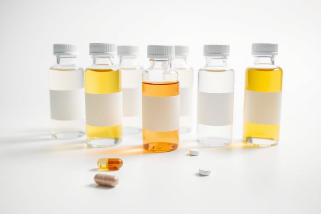 Sleek glass bottles filled with soothing liquid medications, arranged on a clean, white surface. Soft, diffused lighting casts a gentle glow, highlighting the transparent packaging and labeled caps. In the foreground, a single capsule and a few tablets lay scattered, suggesting the purpose of these remedies. The middle ground features a tidy row of various shapes and sizes, conveying a sense of organized relief. The background fades into a minimalist, studio-like environment, allowing the pharmaceuticals to take center stage. This composition evokes a mood of healthcare, wellness, and the alleviation of discomfort. Sleek glass bottles filled with soothing liquid medications, arranged on a clean, white surface. Soft, diffused lighting casts a gentle glow, highlighting the transparent packaging and labeled caps. In the foreground, a single capsule and a few tablets lay scattered, suggesting the purpose of these remedies. The middle ground features a tidy row of various shapes and sizes, conveying a sense of organized relief. The background fades into a minimalist, studio-like environment, allowing the pharmaceuticals to take center stage. This composition evokes a mood of healthcare, wellness, and the alleviation of discomfort.