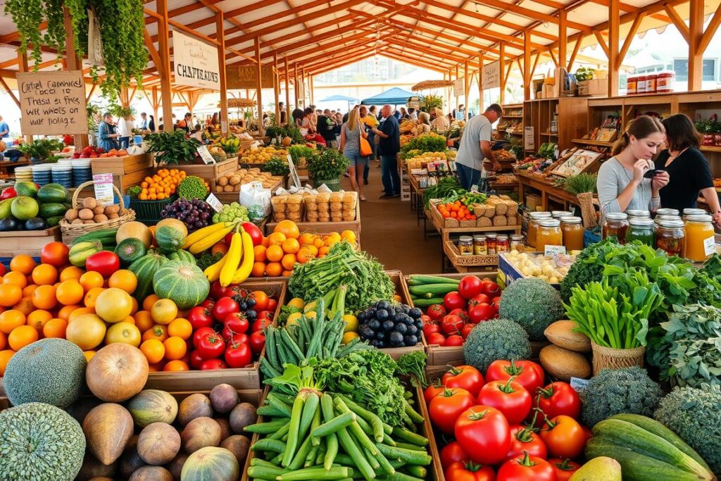 Sprawling farmers' market, vibrant with organic bounty - fresh produce, artisanal breads, jars of honey, and fragrant herbs. The foreground displays an abundant display of colorful fruits and vegetables, each with unique textures and shapes. In the middle ground, wooden stalls showcase a variety of certified organic products, from locally-sourced dairy to handcrafted preserves. The background features a lively crowd of shoppers, browsing the offerings under the warm glow of natural light filtering through the canopy. A sense of community and connection permeates the scene, highlighting the joy of discovering nature's finest at the neighborhood farmers' market.