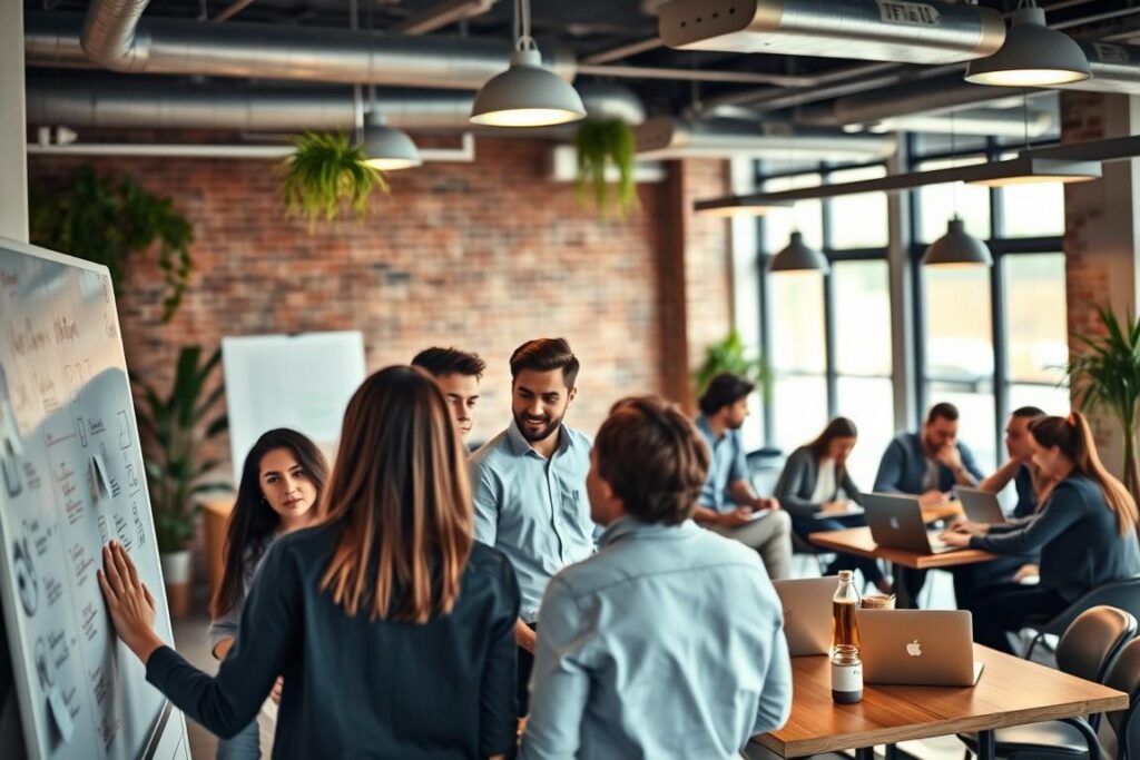 Startup marketing techniques: a modern, vibrant office setting with an open, collaborative workspace. In the foreground, a group of young professionals brainstorming ideas on a whiteboard, their expressions animated and engaged. In the middle ground, teams huddled around laptops, planning social media campaigns and designing eye-catching graphics. The background features sleek, minimalist decor, with exposed brick walls, hanging greenery, and warm, natural lighting casting a productive glow. The overall atmosphere is one of energy, innovation, and a relentless drive to connect with customers and grow the business.