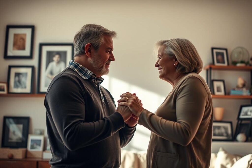 Two people, a man and a woman, standing together and facing each other, their hands clasped in a gesture of partnership and connection. The couple is in a warm, sunlit room, with soft, diffused lighting illuminating their faces and creating a sense of intimacy. In the background, there are framed photographs and shelves displaying personal mementos, suggesting a comfortable, shared living space. The couple's expressions are serene and content, conveying a deep understanding and commitment to one another. The overall composition and mood evoke a strong and nurturing marital relationship.
