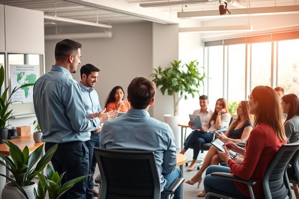 Vibrant office scene, employees engaged in interactive health education session. Spacious well-lit room, modern ergonomic furniture, potted plants, natural light streaming through large windows. Instructor at front, using visual aids to explain healthy lifestyle concepts. Attentive team of diverse workers, some taking notes, others gesturing animatedly. Upbeat, collaborative atmosphere conducive to learning. Subtle warm tones, soft shadows, slightly tilted camera angle to capture dynamic flow of activity. Capturing the value of proactive workplace wellness programs.