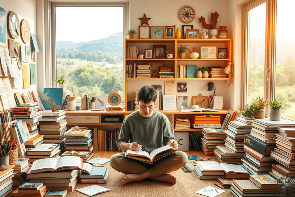 Vibrant scene of a cozy home studio filled with diverse learning tools and materials. Sunlit workspace with an array of books, sketchpads, craft supplies, and digital devices arranged thoughtfully. In the foreground, a person sits cross-legged, fully absorbed in a hands-on project, surrounded by open reference guides and inspirational visual aids. The middle ground features shelves displaying an eclectic mix of hobby-related artifacts, mementos, and educational resources. The background reveals large windows overlooking a lush outdoor landscape, creating a sense of connection to the natural world. Warm, inviting lighting and a harmonious color palette evoke a atmosphere of lifelong curiosity and continuous self-improvement.