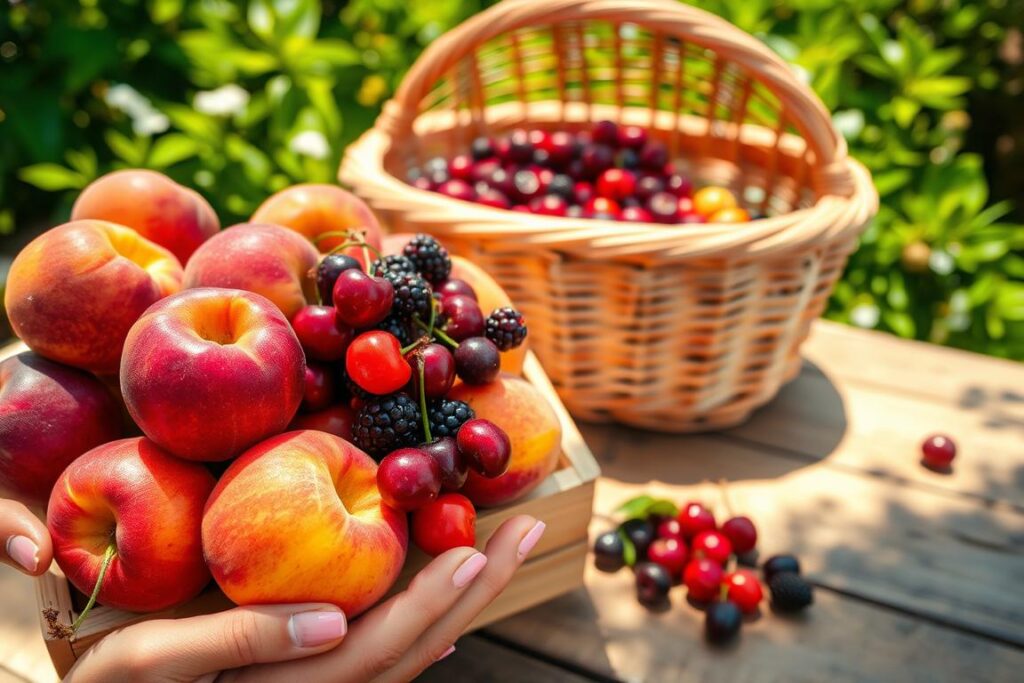 Vibrant summer fruits gently held in the foreground, their ripe, juicy forms shining in the warm afternoon light. A wooden crate overflows with a bountiful harvest - plump peaches, ruby-red cherries, and juicy berries in shades of indigo and crimson. In the middle ground, a wicker basket beckons, its weave casting a delicate pattern of shadows across the sun-dappled wooden table. The background softly blurs, a lush green foliage setting the scene, hinting at the verdant orchards and fields from which these flavorful delights were plucked. An air of tranquility and abundance pervades, inviting the viewer to savor the simple pleasures of the season.
