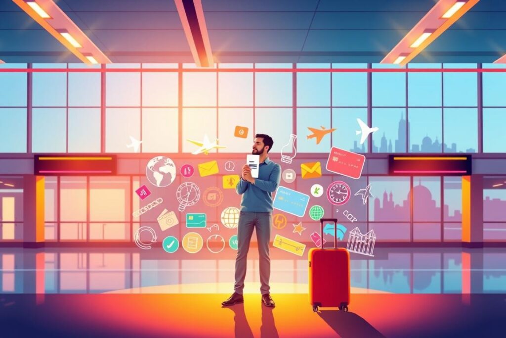 Vibrant travel rewards program illustration showcasing a sleek airport terminal backdrop. In the foreground, a person stands confidently, holding a boarding pass and luggage, representing the rewards user's journey. The middle ground features a colorful array of loyalty program icons, credit cards, and travel perks, all lit by warm, directional lighting. The background subtly incorporates global landmarks, hinting at the international scope of these rewards programs. The overall composition conveys the convenience, benefits, and excitement of optimizing one's travel through strategic program engagement.