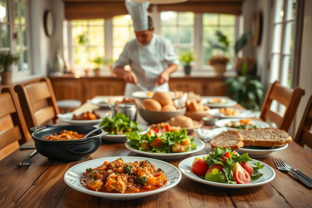 Wholesome dinner ideas: A cozy, well-lit kitchen scene with a wooden table set for a family meal. In the foreground, a delectable spread of healthy, homemade dishes - a hearty stew, vibrant salad, and fresh-baked bread. The middle ground features a chef's hands skillfully plating the food, while the background showcases inviting, natural light streaming through large windows overlooking a lush garden. The overall atmosphere is warm, nourishing, and conducive to a fulfilling, gathered dining experience.