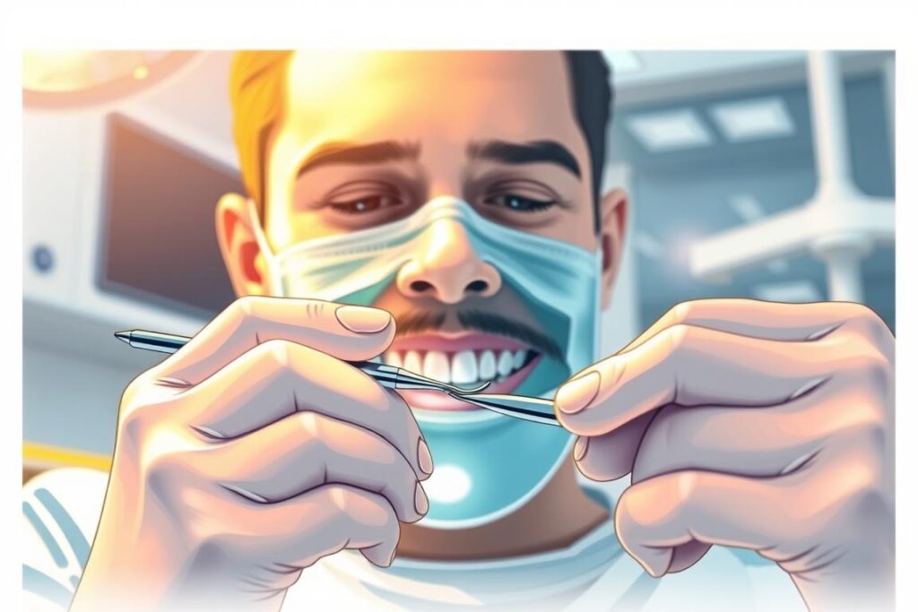 a detailed illustration of a teeth cleaning procedure in a modern dental office, with a closeup view of a dentist's hands performing the cleaning using various tools and instruments. the scene is lit by warm, soft lighting from overhead, casting a gentle glow on the subject. the dentist's face is partially obscured, focusing the viewer's attention on the intricate process of dental cleaning. the background is blurred, emphasizing the procedure in the foreground. the overall mood is one of professionalism, precision, and care.
