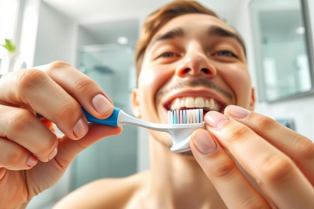 a high-quality, detailed, photorealistic image of a person's dental care routine with fluoride toothpaste. The foreground shows a person's hands holding a toothbrush and applying fluoride toothpaste to their teeth, with a close-up view of the mouth area. The middle ground shows the person's face, with a focused expression as they brush their teeth. The background depicts a modern, clean bathroom setting with a sink, mirror, and other bathroom accessories. The lighting is bright and natural, creating a clean, hygienic atmosphere. The overall composition and angle emphasize the importance of daily fluoride dental care.