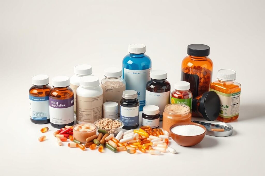 a high-quality, well-lit studio photograph of an assortment of health supplements, including bottles of vitamins, capsules, and powders, arranged artfully on a clean, minimalist white surface. The lighting is soft and diffused, creating a warm, natural glow that accentuates the colors and textures of the products. The camera angle is slightly elevated, providing a birds-eye view that showcases the supplements in an organized, visually appealing manner. The background is clean and uncluttered, allowing the focus to remain on the health products themselves, which are the central subjects of the image. a high-quality, well-lit studio photograph of an assortment of health supplements, including bottles of vitamins, capsules, and powders, arranged artfully on a clean, minimalist white surface. The lighting is soft and diffused, creating a warm, natural glow that accentuates the colors and textures of the products. The camera angle is slightly elevated, providing a birds-eye view that showcases the supplements in an organized, visually appealing manner. The background is clean and uncluttered, allowing the focus to remain on the health products themselves, which are the central subjects of the image.
