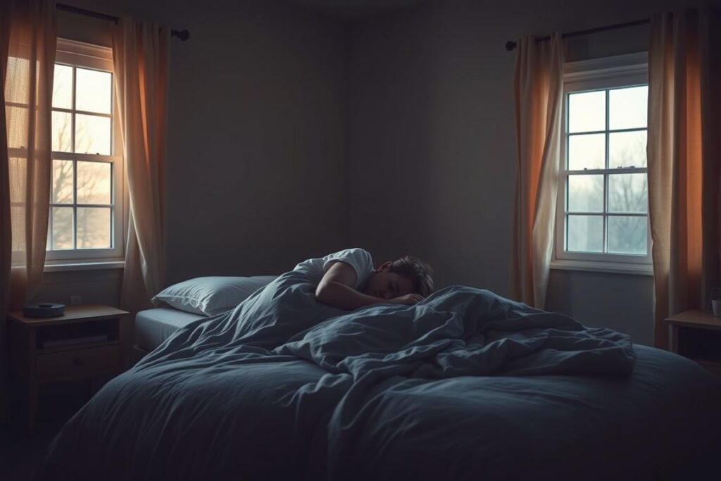 a serene, dimly lit bedroom scene with a person sleeping peacefully, curled up under a cozy comforter. The room has a soft, muted color palette, with warm ambient lighting filtering in through a partially open window, casting a gentle glow on the sleeper. The bed is situated in the middle ground, with a nightstand and a few simple furnishings visible in the background. The overall mood is one of tranquility and rest, evoking the soothing transition between the seasons.