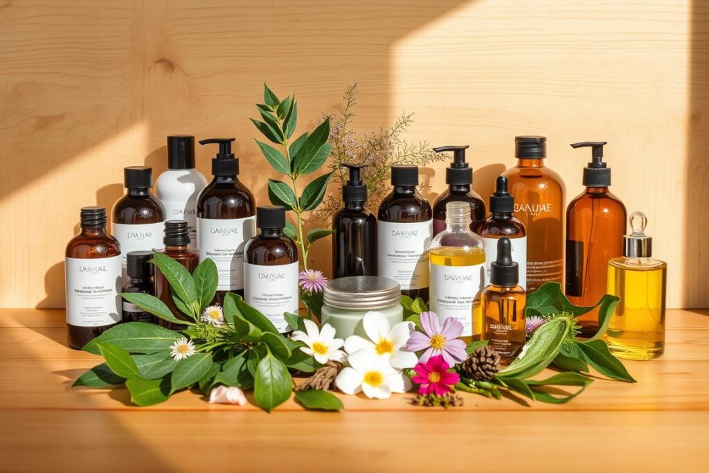 a still life arrangement of natural haircare products on a wooden surface, with soft natural lighting illuminating the organic textures and colors of the items. The foreground features various bottles, jars, and containers of shampoos, conditioners, oils, and serums, arranged in a visually appealing composition. The middle ground includes several fresh leaves, flowers, and herbs, subtly hinting at the natural, botanical ingredients within the products. The background is a warm, neutral-toned wooden backdrop, creating a rustic, earthy atmosphere. The overall mood is one of simplicity, purity, and wellness, reflecting the "Essential Haircare Ingredients" theme.