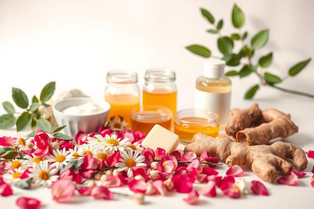 a studio still life photograph of various clean beauty ingredients arranged carefully on a white background. In the foreground, an array of natural botanicals such as rose petals, chamomile flowers, eucalyptus leaves, and ginger root. In the middle ground, glass jars containing organic ingredients like shea butter, honey, and aloe vera gel. The background is softly lit with warm, natural lighting to highlight the purity and simplicity of the clean beauty products. The overall mood is one of tranquility, wellness, and a reconnection with nature.