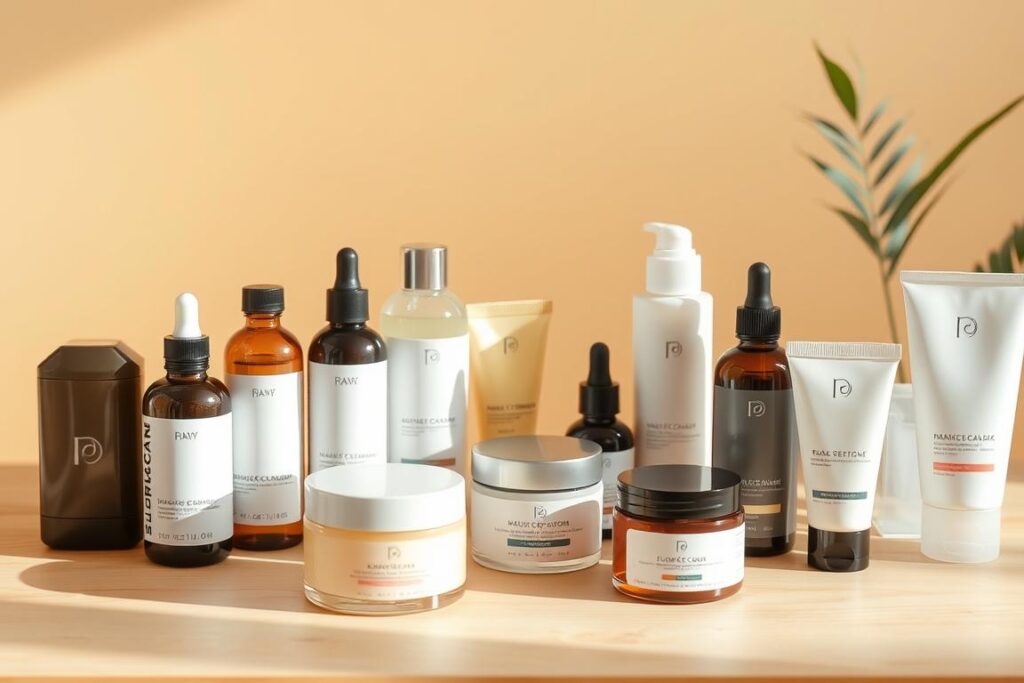 a table with various skincare products arranged neatly, including bottles, jars, and tubes of moisturizers, serums, cleansers, and facial masks, all in a soft, natural light setting. The products have clean, minimalist packaging with simple, earthy color schemes. The table is made of light-colored wood, and the background is a warm, neutral wall, creating a calming, spa-like atmosphere. The composition is balanced and visually appealing, highlighting the products in a way that showcases their quality and effectiveness.