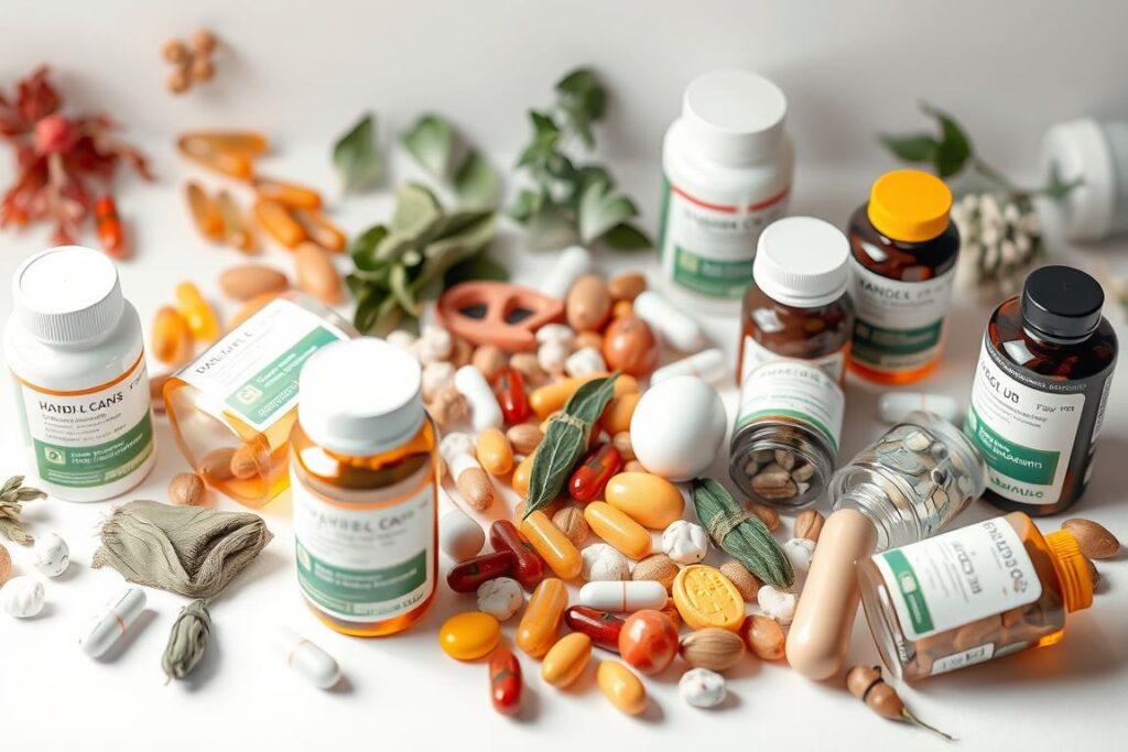high-quality 3D render of various nutritional supplements including vitamins, minerals, herbal extracts, and dietary supplements, arranged on a clean white background with soft, even lighting from above, capturing the potential risks and side effects of these products in a realistic, photographic style, with a focus on the potential hazards and potential interactions, conveying a sense of caution and awareness